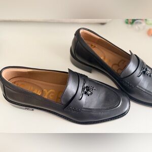 Sam Edelman Black Leather Penny Loafers with Fleur Charm